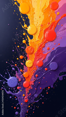 Dynamic and radiant abstract painting featuring bold orange and purple splashes on a contrasting dark background, evoking both mystery and excitement with its vivid and energizing composit