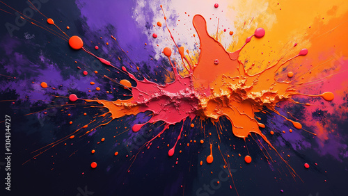 Dynamic and radiant abstract painting featuring bold orange and purple splashes on a contrasting dark background, evoking both mystery and excitement with its vivid and energizing composit
