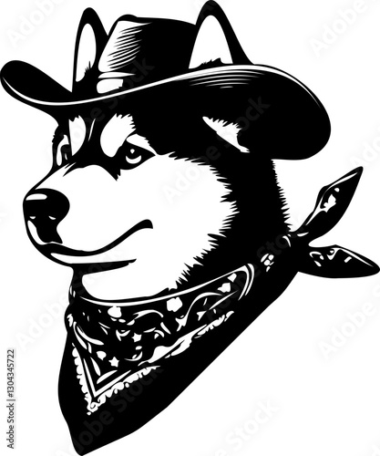 SVG file portrait of a husky dog ​​in a cowboy hat for printing, emblems, laser printing