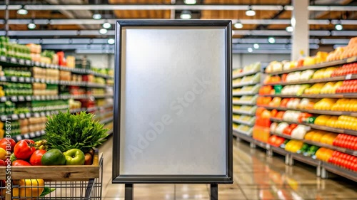 Blank advertising board in a supermarket aisle with fresh fruits and vegetables in a shopping cart and shelves stocked with groceries under bright lights concept of retail marketing and advertisement
