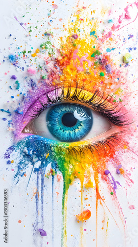 Colorful eye, paint explosion, white background