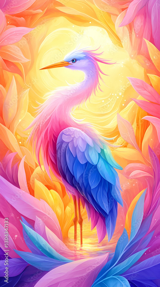 Obraz premium Colorful Heron in Vibrant Floral Sunset