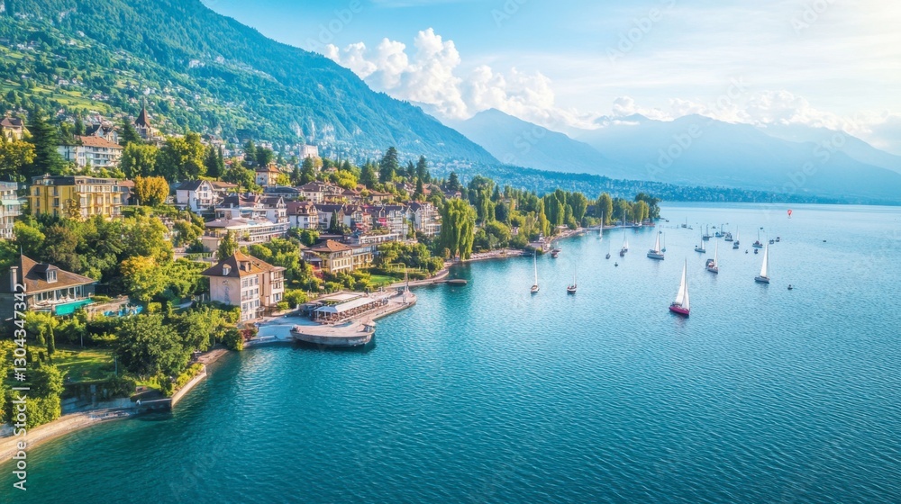 Aerial view of Montreuxs lakeside promenade, with vineyards in the background and sailboats dotting the waters of Lake Geneva. Aerial view of Montreuxs lakeside promenade, with vineyards in the background and sailboats dotting the waters of Lake Geneva.