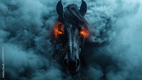 A dramatic portrayal of a black horse emerging from swirling smoke, its fiery eyes portraying mystery and intensity, perfect for capturing imaginative storytelling.