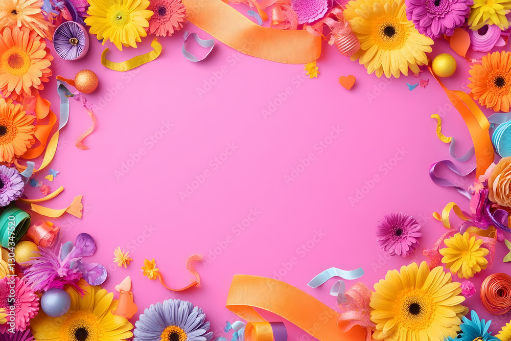 Fototapeta premium Colorful party decor frame, pink background