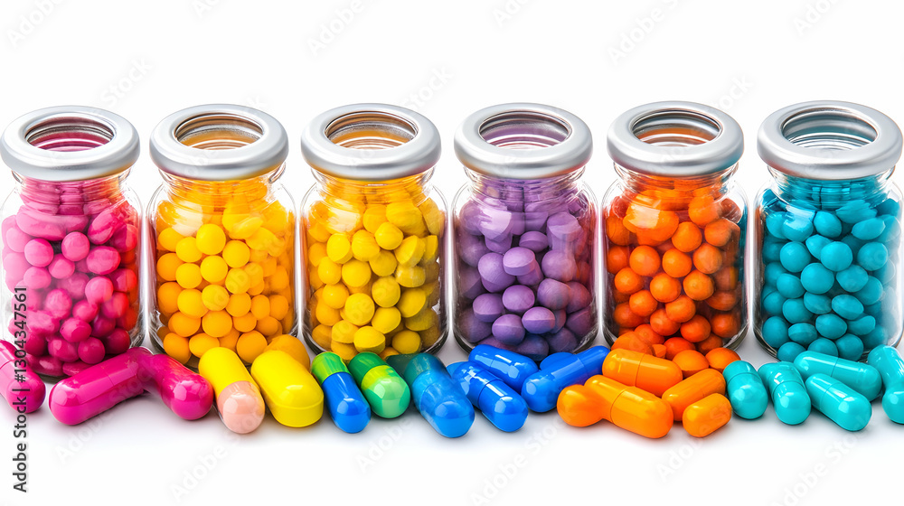 Colorful pills and capsules in glass jars Colorful pills and capsules in glass jars