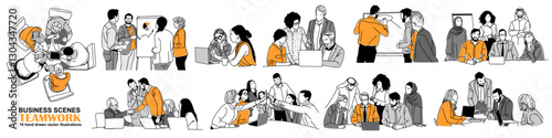 Team work business scene illustrations. Set of diverse multinational men and women working together. Modern vector simple outline style illustration for graphic, web design on white background.