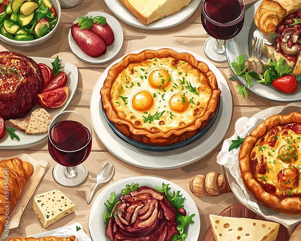 custom made wallpaper toronto digitalFood Spread Quiche, Salad, Sausage, Wine on Table