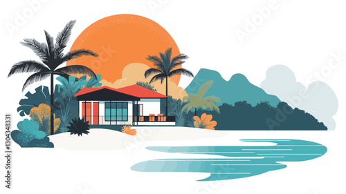A stylized vector illustration depicting a tropical beach house situated on a white sandy beach.  The scene includes palm trees, a body of calm turquoise water, and teal-colored mountains