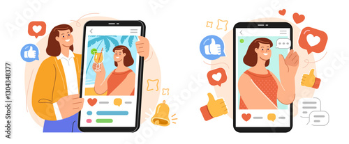 Woman getting new follower subscriptions, audience comments and heart reactions, likes. Social network, online blog