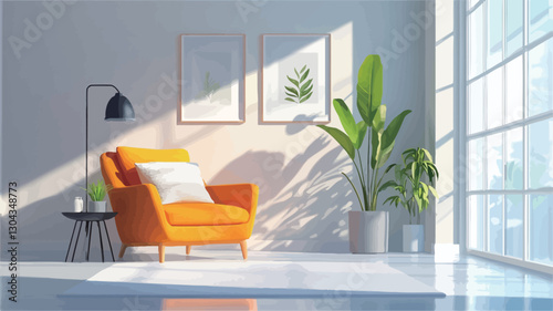 The image depicts a digitally rendered modern living room interior.  The scene is dominated by a bright orange armchair positioned near a large window letting in abundant natural light.