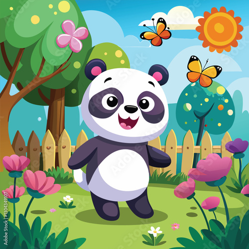 Joyful Cartoon Panda in a Colorful Garden with Butterflies and Flowers