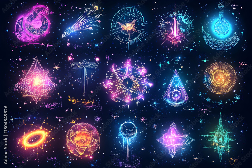 Fototapeta premium Cosmic symbols, vibrant nebula backdrop