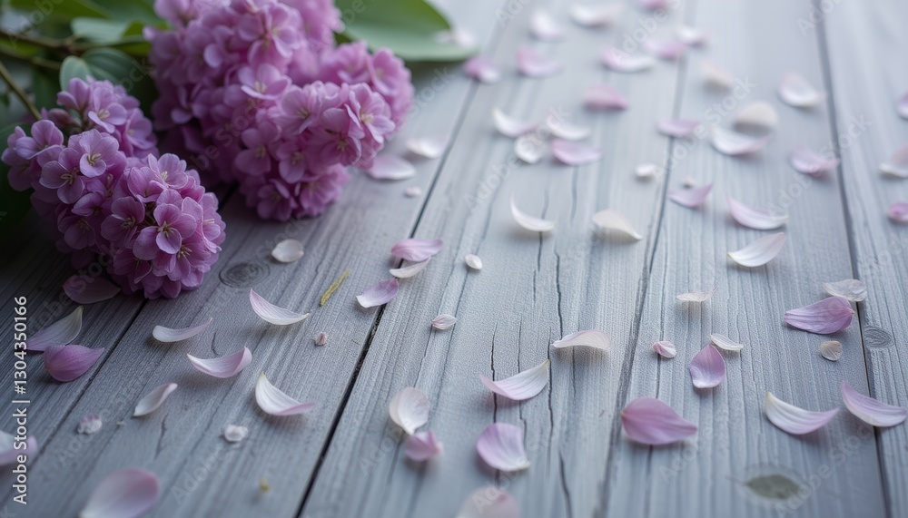 Obraz premium Pink hydrangea flowers with scattered petals on a light wooden surface creating a romantic and springtime scene