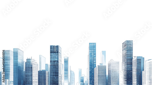 The image shows a stylized depiction of a modern city skyline against a white background.  The skyscrapers are rendered in shades of blue and white, with a soft, slightly blurred effect