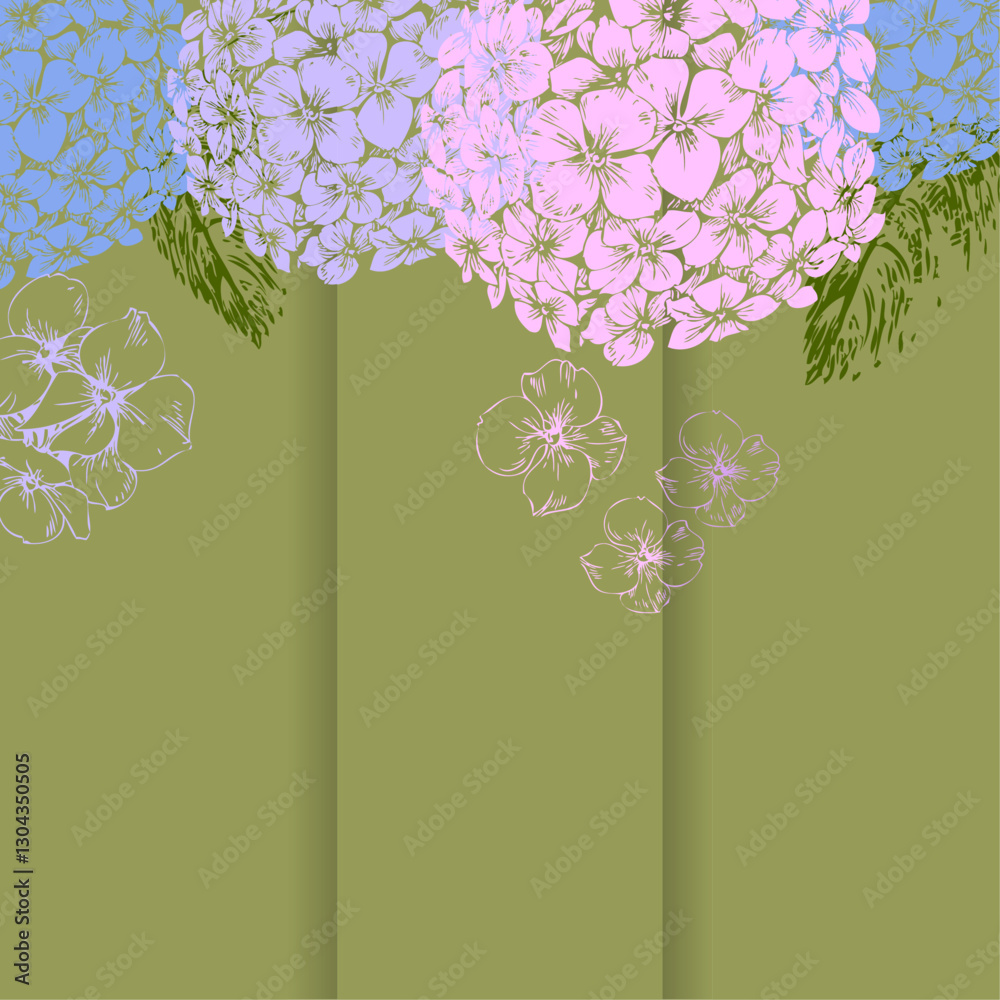 Obraz premium blue, pink, lilac hydrangea branches on a green background