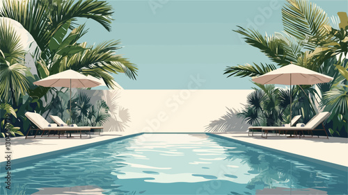 A digital illustration depicting a long, rectangular swimming pool with clear, blue water. Two lounge chairs with beige cushions are positioned on either side of the pool, each under a pale