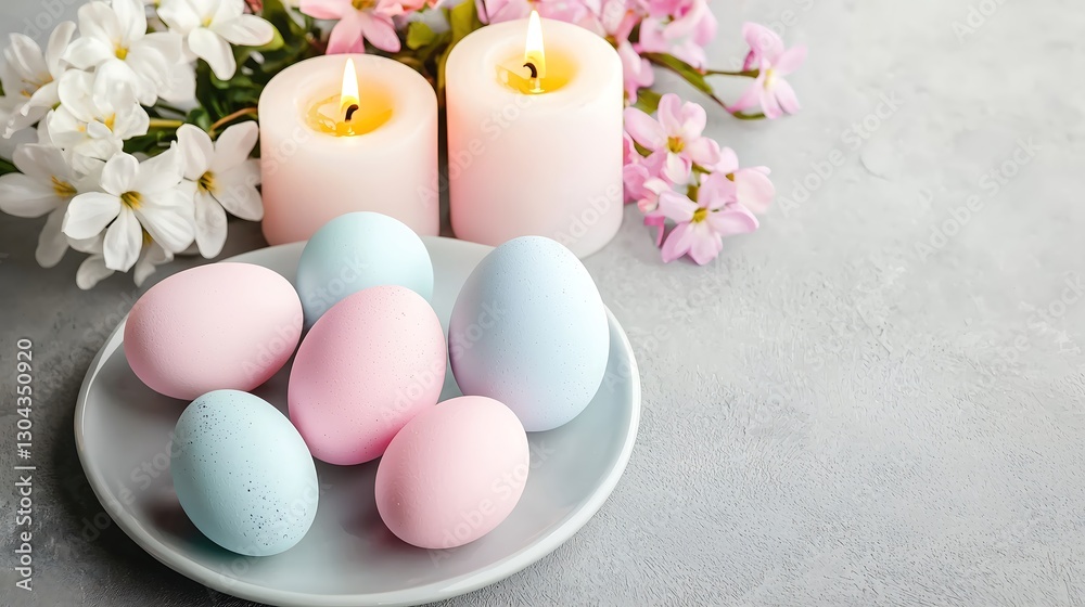 A pastel-colored Easter table setting with eggs, flowers, and candles, A pastel-colored Easter table setting with eggs, flowers, and candles,
