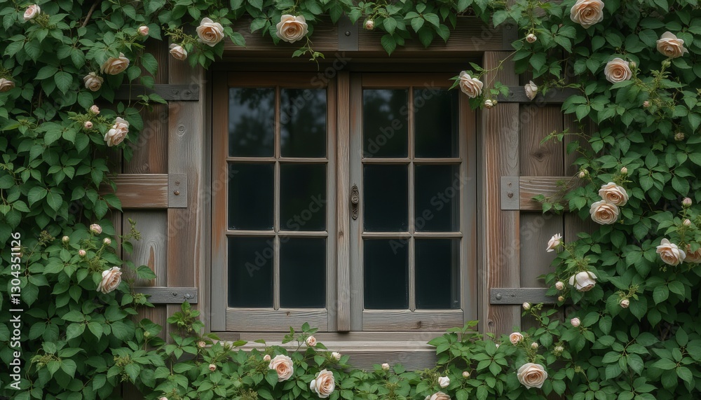 Obraz premium Wooden double doors with surrounding roses forming a charming and inviting garden gate