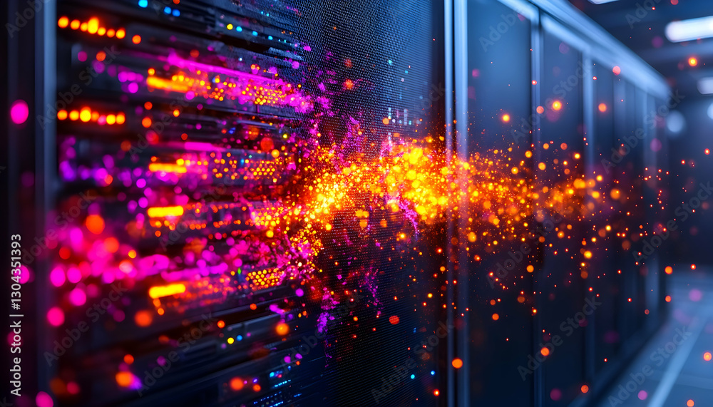 Obraz premium Data stream from server, dark server room