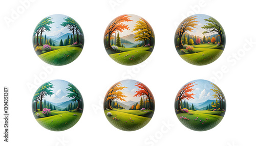 Collection of Vibrant Golf Ball in a Picturesque Forest Setting isolated on png