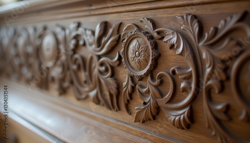  Intricate wooden carving with a central flower motif surrounded by elaborate leaf patterns