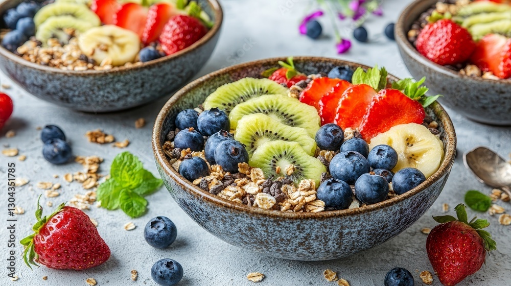 Three Bowls Overflowing with Healthy Breakfast Granola, Fresh Fruit, and Yogurt on a Textured Table Three Bowls Overflowing with Healthy Breakfast Granola, Fresh Fruit, and Yogurt on a Textured Table