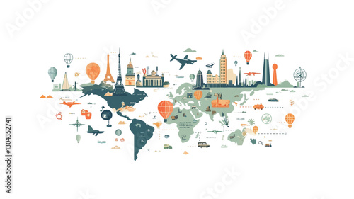 A stylized illustration depicting a world map with various travel icons and landmarks scattered across its surface.  The style is flat design, using a limited color palette of muted blues,