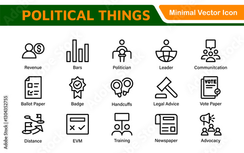 Politics Icon Set: A comprehensive collection of icons representing political themes, perfect for enhancing campaign materials, educational resources, and civic engagement initiatives.