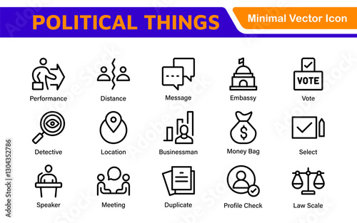 Politics Icon Set: A comprehensive collection of icons representing political themes, perfect for enhancing campaign materials, educational resources, and civic engagement initiatives.