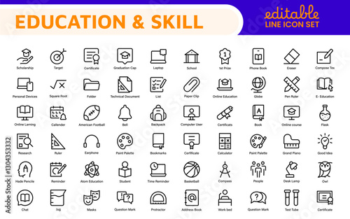 Education Icons Collection. Vector-Based Icons for School, College, Learning Resources, Study, and Teaching Tools