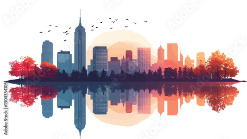 A vector illustration depicting a stylized cityscape silhouette at sunset. The city skyline is reflected in a body of water, creating a mirror image effect.  The water's reflection is