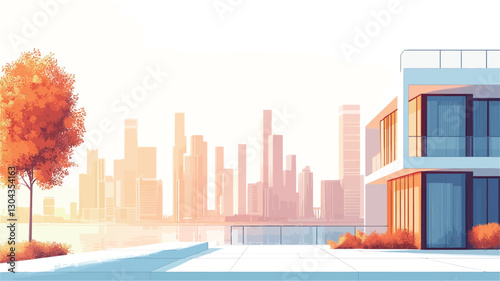 The image is a digital illustration depicting a modern, minimalist architectural design situated on a waterfront.  A single tree with autumnal foliage is in the foreground to the left. The