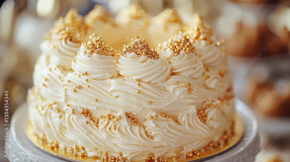 A masterpiece of confectionery, a tiered cake adorned with smooth, white whipped cream and a shower of shimmering gold sprinkles, its golden crown a testament to the baker is artistry. A masterpiece of confectionery, a tiered cake adorned with smooth, white whipped cream and a shower of shimmering gold sprinkles, its golden crown a testament to the baker is artistry.