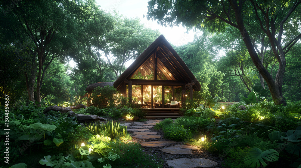 Forest Cabin, Evening Light, Stone Path, Lush Greenery Forest Cabin, Evening Light, Stone Path, Lush Greenery