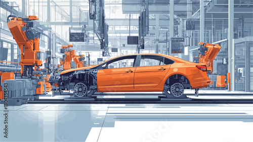 The image shows an orange car on an automated assembly line in a large, brightly lit factory.  Several robotic arms are visible, interacting with the car's chassis and body. The background