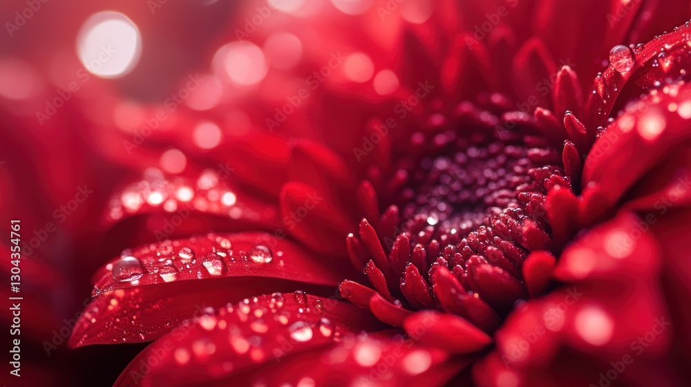 Crimson Dewdrops: A Macro View of a Red Flower's Intricate Beauty