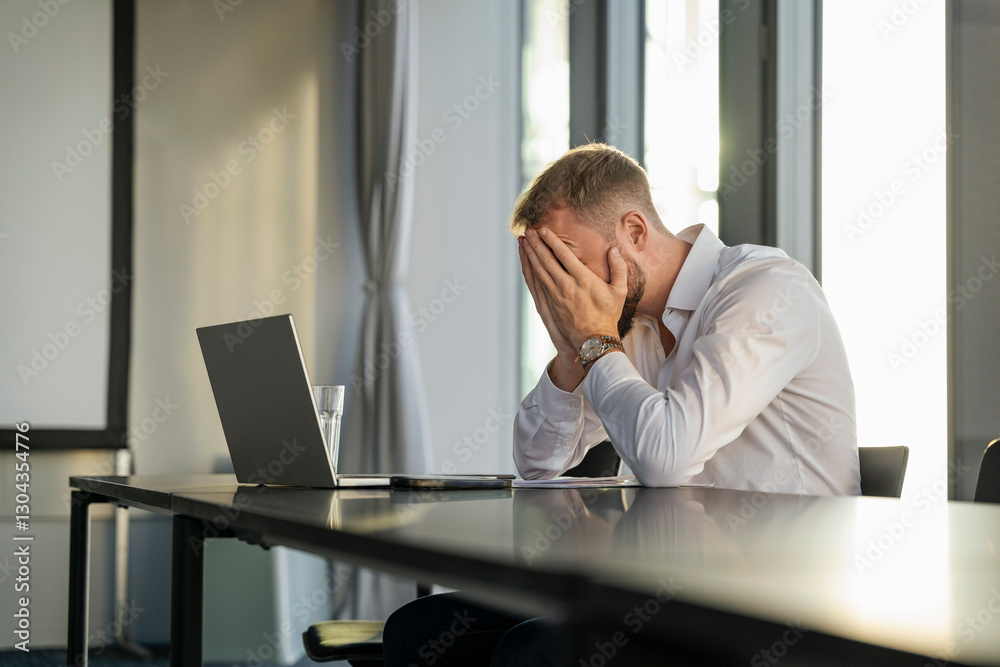 Young man experiencing burnout in a modern office at sunset Young man experiencing burnout in a modern office at sunset