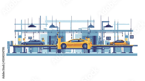 A stylized illustration depicting a car assembly line.  The illustration uses a flat design style with muted colors, primarily blues and light grays, against a white background. Three cars