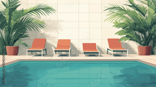 A digital illustration depicting a rectangular swimming pool with three orange chaise lounges positioned neatly along its edge.  Two potted palm trees flank the pool, one on each side. The