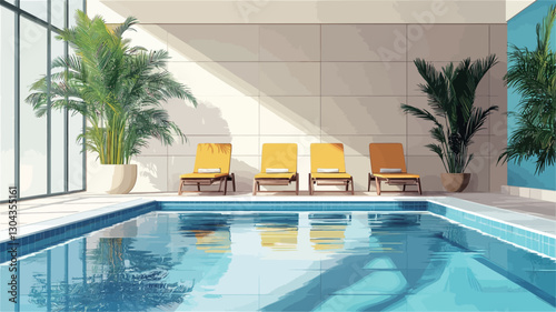 The image shows an indoor swimming pool in a modern setting. Three yellow lounge chairs are positioned beside the pool. Two large potted palm trees flank the pool.  The pool is rectangular
