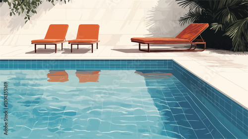High-angle, full shot of a rectangular swimming pool with clear turquoise water. Two orange lounge chairs and an orange chaise lounge are positioned poolside on a white tiled surface.  The