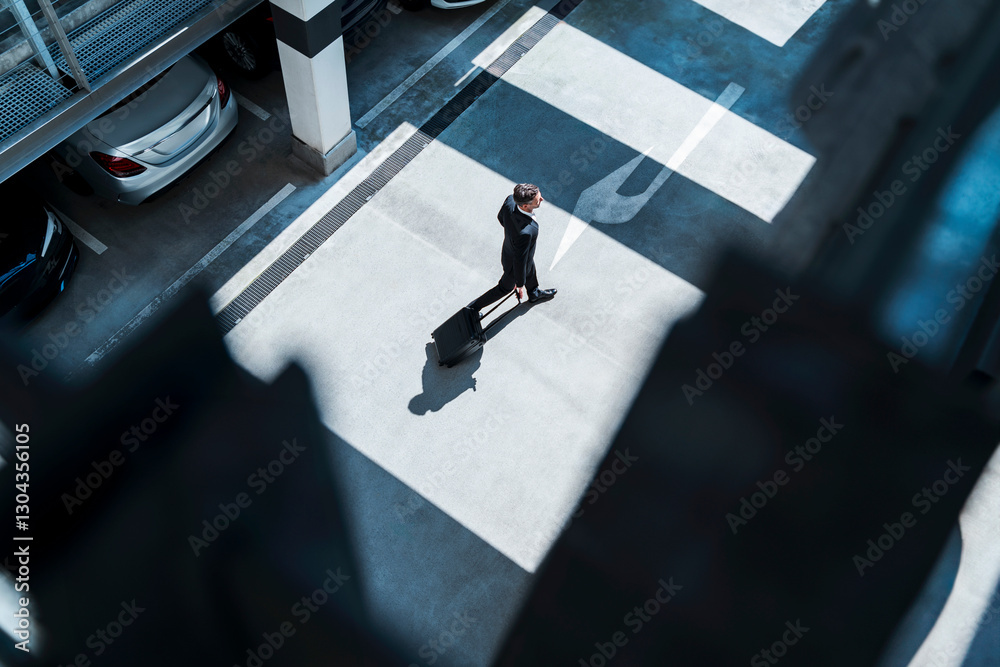 © Westend61 - Businessman in suit with suitcase standing in parking lot photographed from above