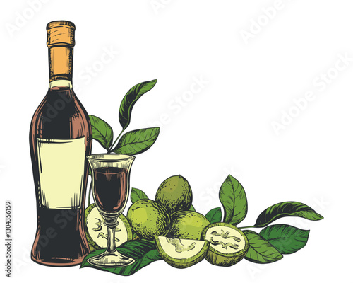 Vector Walnut liqueur in color engraving technique. Unripe walnut seeds whole and halves and leaves. Bottle of Italian liqueur Nocino, glass with aperitif and green walnuts. Linear ink sketch.