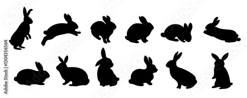Big set rabbit silhouettes in various poses, isolated on white background. Simple black hare icons, perfect for Easter and wildlife themes. Cute and minimalistic animal illustrations