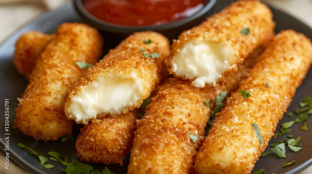 Crispy mozzarella sticks air-fried in an air fryer, with a golden-brown coating and gooey melted cheese inside, providing a healthier alternative to deep-fried snacks. Crispy mozzarella sticks air-fried in an air fryer, with a golden-brown coating and gooey melted cheese inside, providing a healthier alternative to deep-fried snacks.