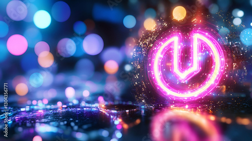 Glowing Power Button in Neon Cyber Landscape