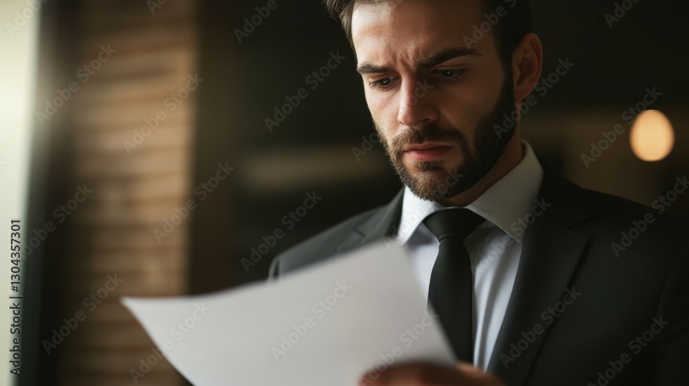 Focused Businessman in Tailored Suit Reading Document in Office Focused Businessman in Tailored Suit Reading Document in Office