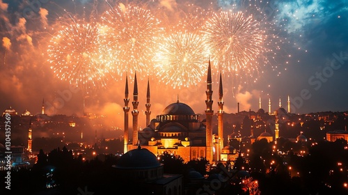 Fireworks explode over Istanbul Mosque at night photo