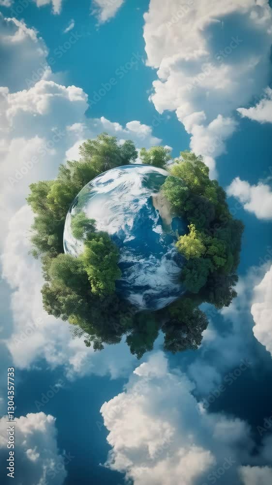 A detailed floating Earth planet with trees and blue water on it, surrounded by clouds. Sustainable science concept. A detailed floating Earth planet with trees and blue water on it, surrounded by clouds. Sustainable science concept.